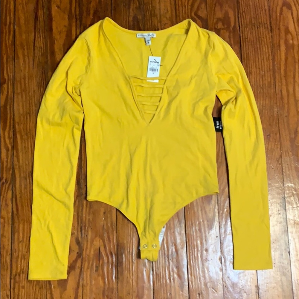 Express Long Sleeve Strappy Ladder Front Detail Bodysuit - Yellow